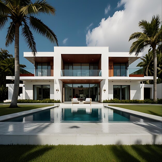 a large white house with a pool and palm trees in front of it