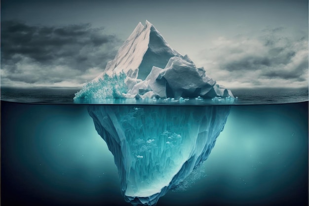 Large white iceberg floating ocean with underwater view