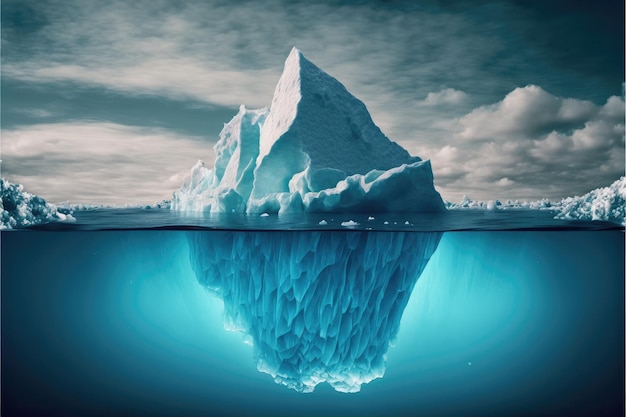 Large white iceberg floating ocean with underwater view