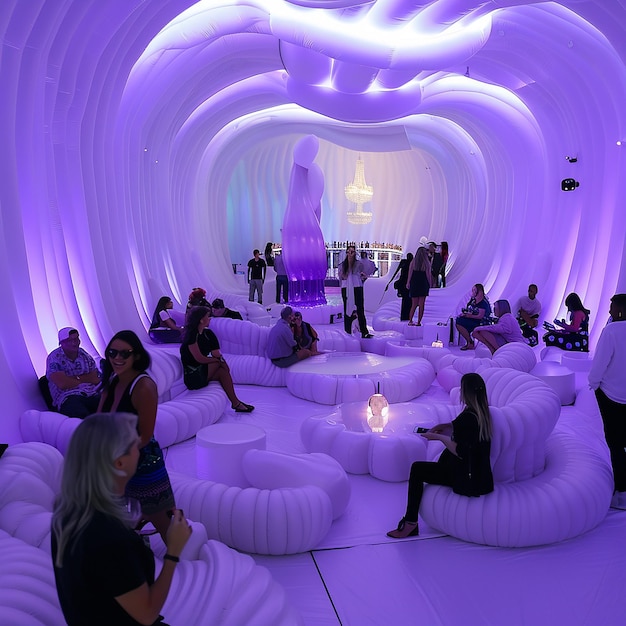 A large white inflatable room was filled with people illuminated by purple LED lights on the wall