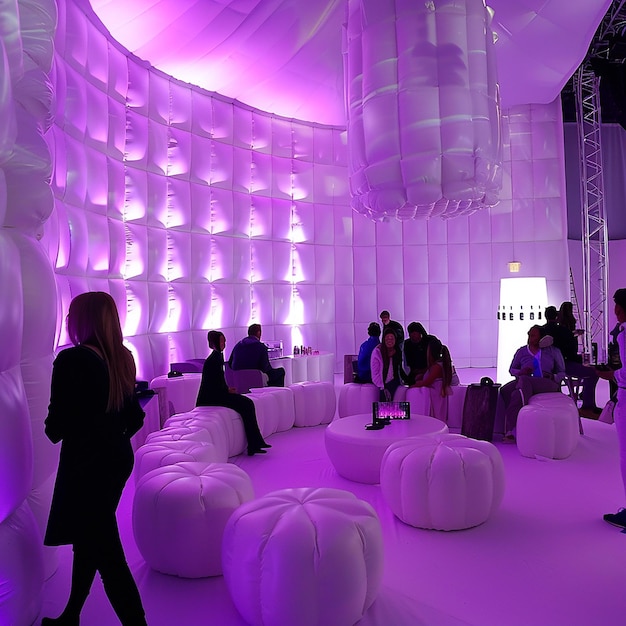 Photo a large white inflatable room was filled with people illuminated by purple led lights on the wall