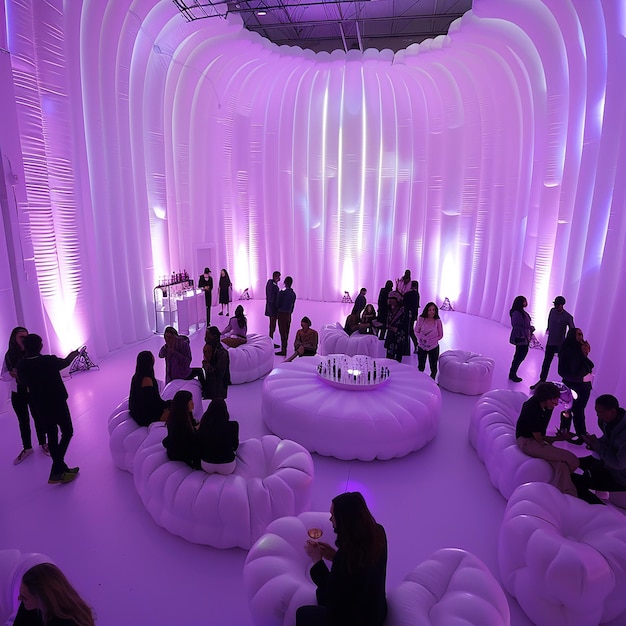 Photo a large white inflatable room was filled with people illuminated by purple led lights on the wall