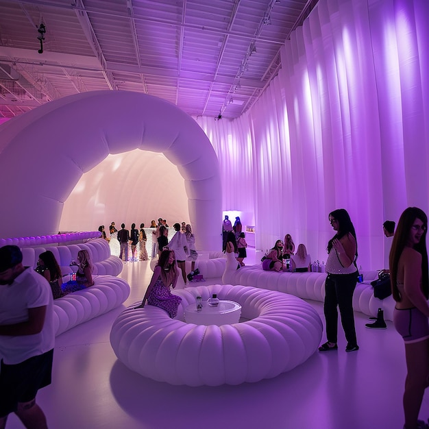 Photo a large white inflatable room was filled with people illuminated by purple led lights on the wall