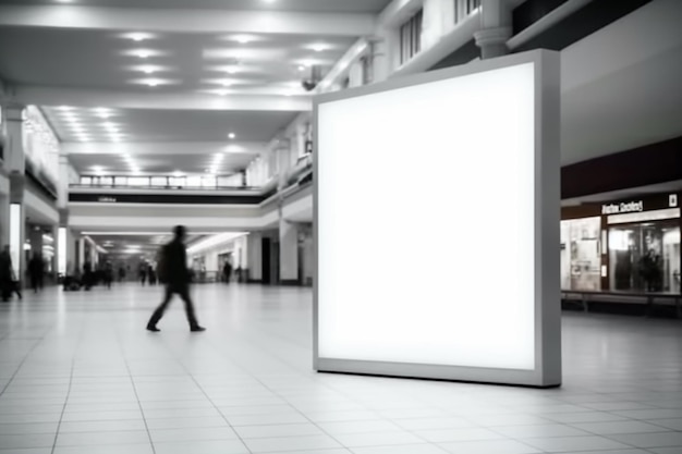 A large white light display in a mall with a man walking in the background.