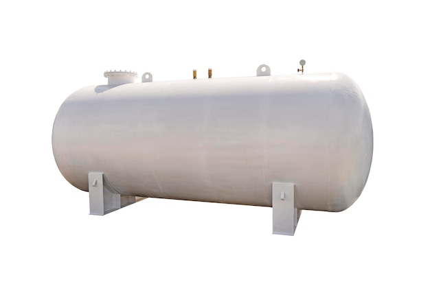 Large white liquid storage tank on white background