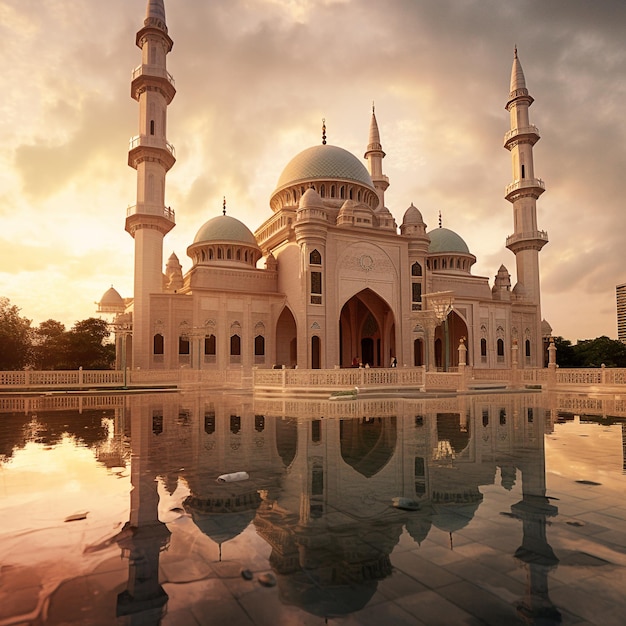 A large white mosque with a blue dome and a cloudy sky.