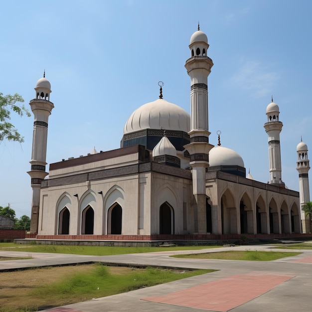 A large white mosque with a blue sky in the background.