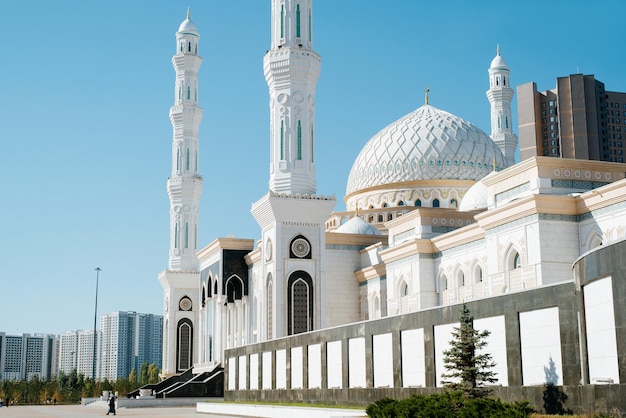 Large white mosque with minaret and dome exterior Kazakhstan Astana 05102022