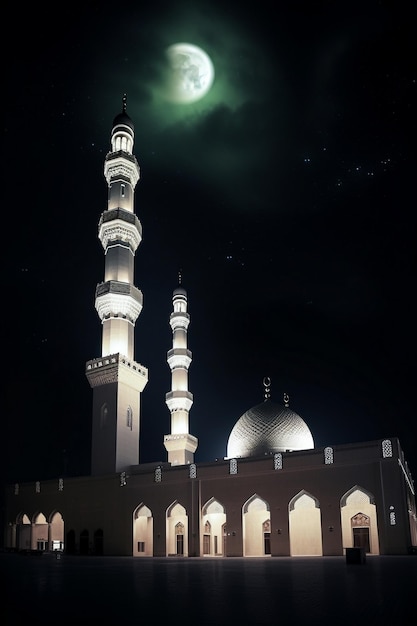 A large white mosque with a moon in the sky