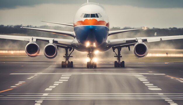 a large white and orange airplane is on a runway