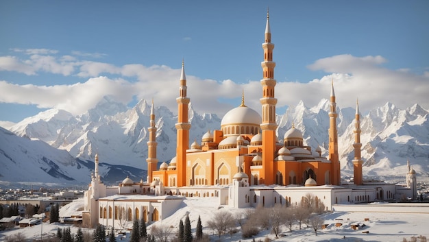 A large white and orange mosque with many domes and minarets surrounded by snowcapped mountains