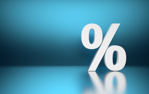 Large white percent percentage sign symbol standing on blue blurred shiny reflective surface.  