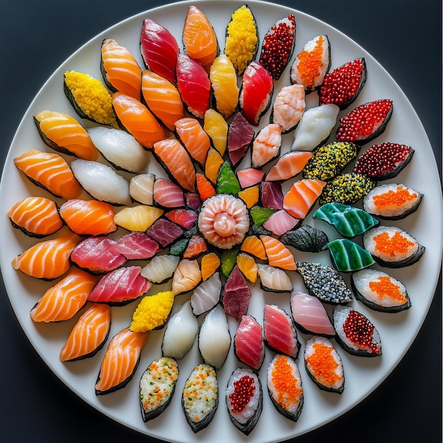 Photo a large white plate piled high with sushi in a colorful circular pattern