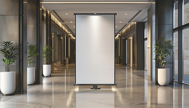 a large white poster in a lobby with a large white board in the middle