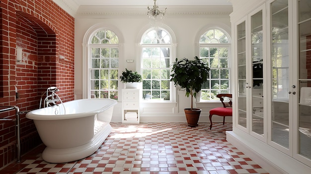 Large White Renovated Master Bathroom with Red Accents