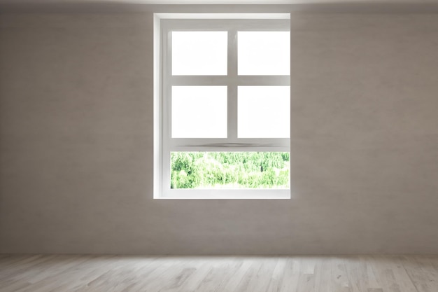 a large white room with a large window that has the word on it