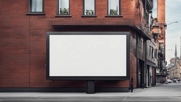 a large white screen is on a brick building