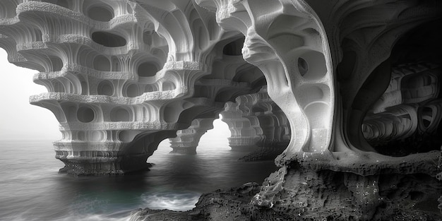 Photo a large white structure with a lot of holes and a lot of water in front of it