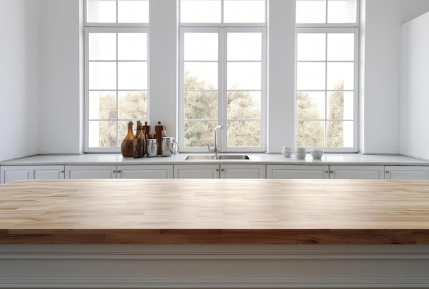 a large white table top with wooden top in white kitchen in the style of minimalist backgrounds