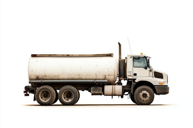 A large white tanker truck parked on a minimalist landscape under a bright sky