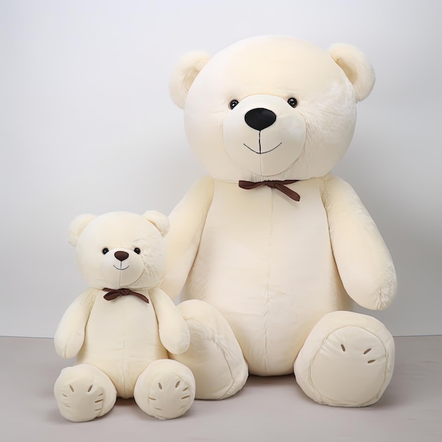 A large white teddy bear and a smaller bear are sitting on a table.