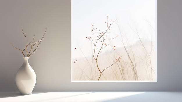 large white vase with dry branches opposite the window in a white interior White sand