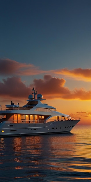 a large white yacht is on the water with the sun setting behind it