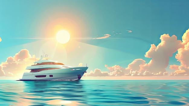 A large white yacht peacefully floats on calm water basking in the serene surroundings of a quiet la