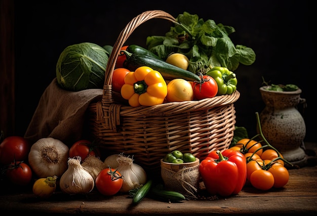 Large wicker basket with vegetables Generative Ai