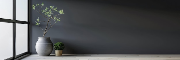 Photo large window in an empty apartment room in dark tone with no furniture and copy space minimalist interiors design composition for real estate advertising