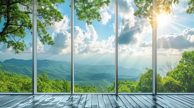 Photo a large window framed in white revealing lush green trees and a clear blue sky with a quaint small town in the background