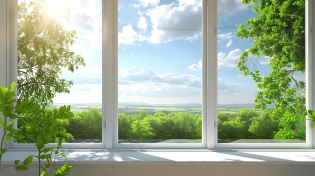 Photo a large window framed in white revealing lush green trees and a clear blue sky with a quaint small town in the background