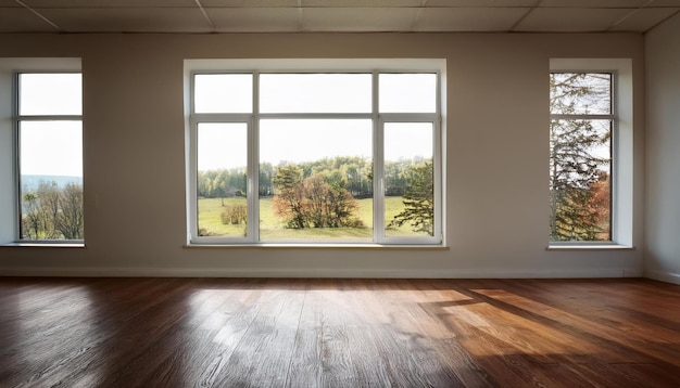 A large window offers a view of a green field and trees