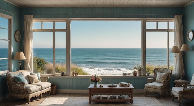 Photo a large window with a view of the ocean and the ocean