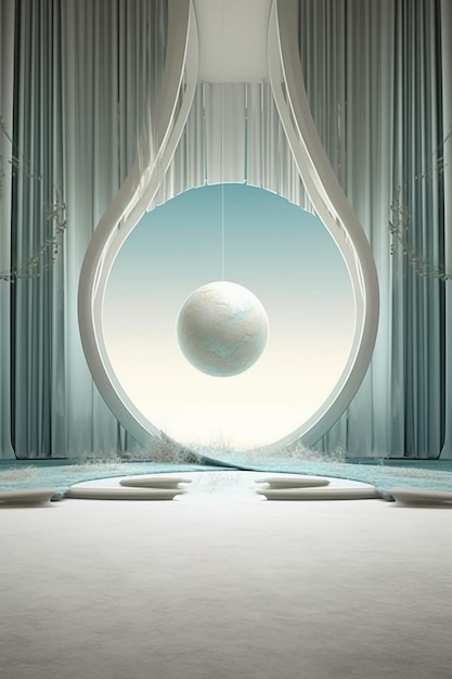 A large window with a white ball hanging from it.