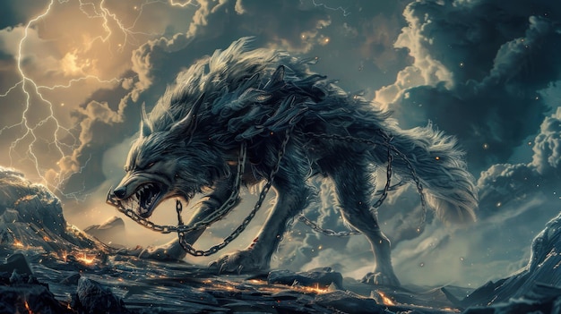 Photo a large wolf monster on a chain that attack background wallpaper ai generated image