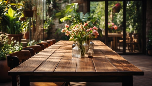 Large wood kitchen table in spring or summer copy space