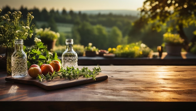 Large wood kitchen table in spring or summer copy space