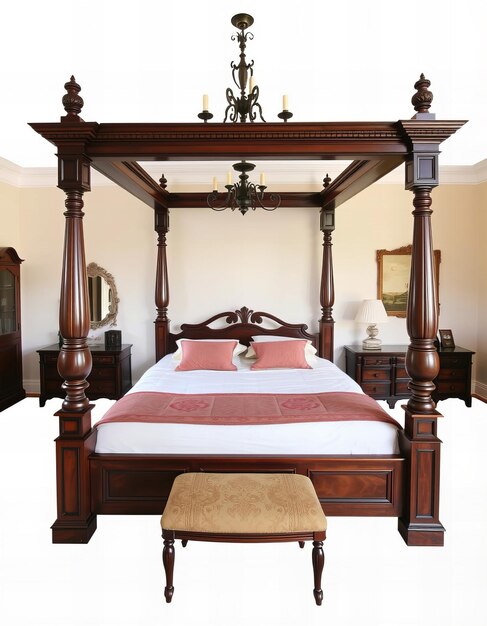 Photo a large wooden bed with a red and white comforter on it