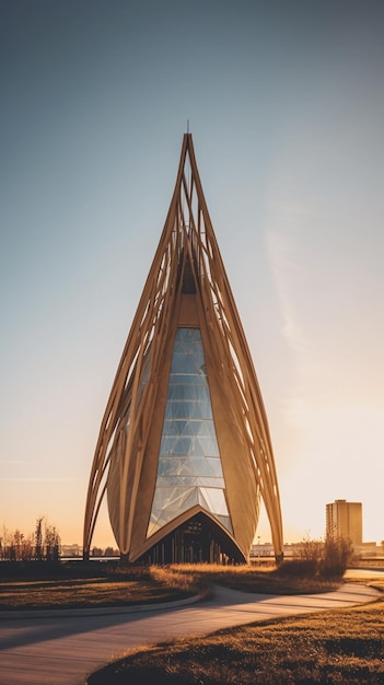 A large wooden building with a large triangular shape that says'the word " on it