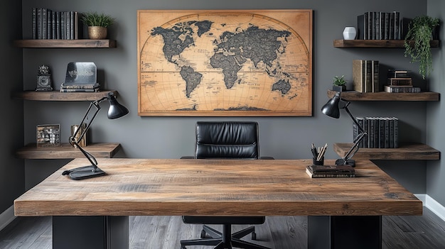 Large wooden desk with world map decorated home office interior