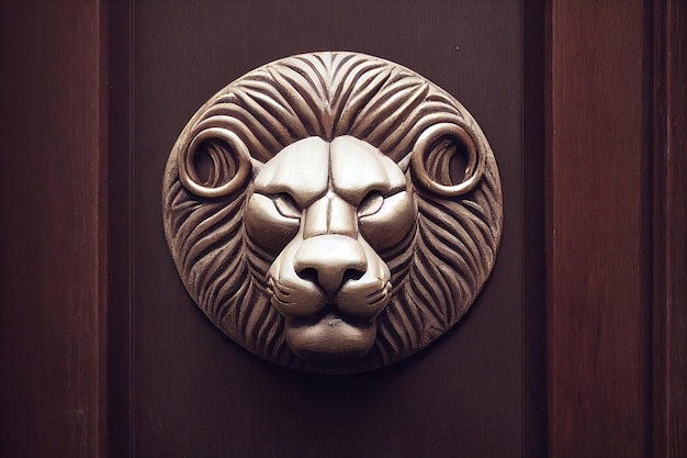 Large wooden medieval door with handle in shape of lions head