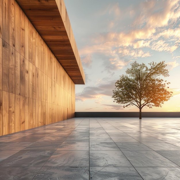 a large wooden wall with a tree in the corner of it