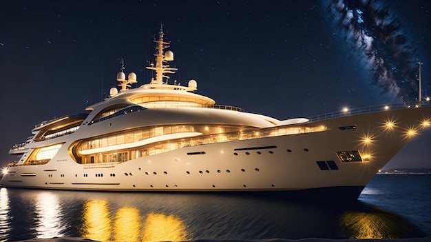 A large yacht is docked at night