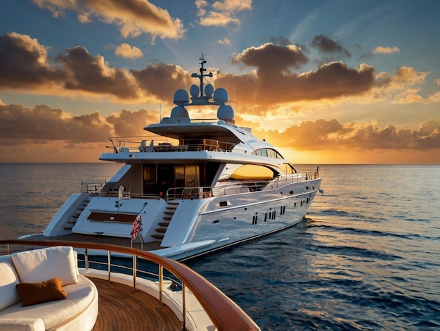 a large yacht is docked in the ocean with a sunset in the background