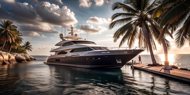 a large yacht is docked in the water with a palm tree in the background