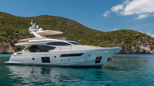 a large yacht is in the water with a mountain in the background