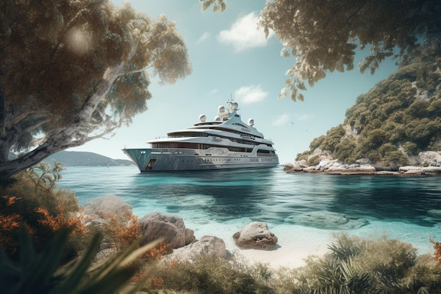 A large yacht is in the water with a tree in the background.