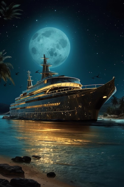 A large yacht moving on the beach covered in moonlight