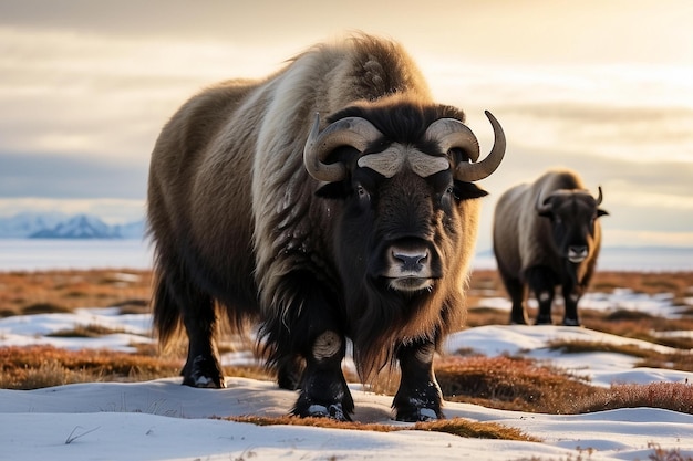 Photo a large yak with horns is standing in the snow